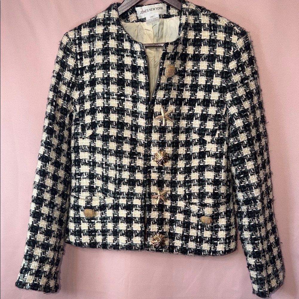 Tweed Blazer Jacket Gold Button Textured Structured Spring Chic